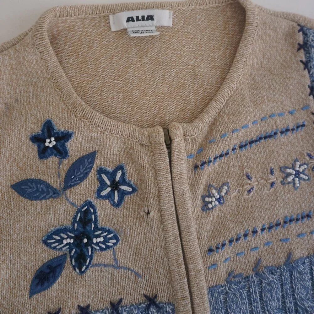 Alia Beige Blue Embroidered Floral Knit Zip Up Cardigan Sweater Large - Picture 14 of 14